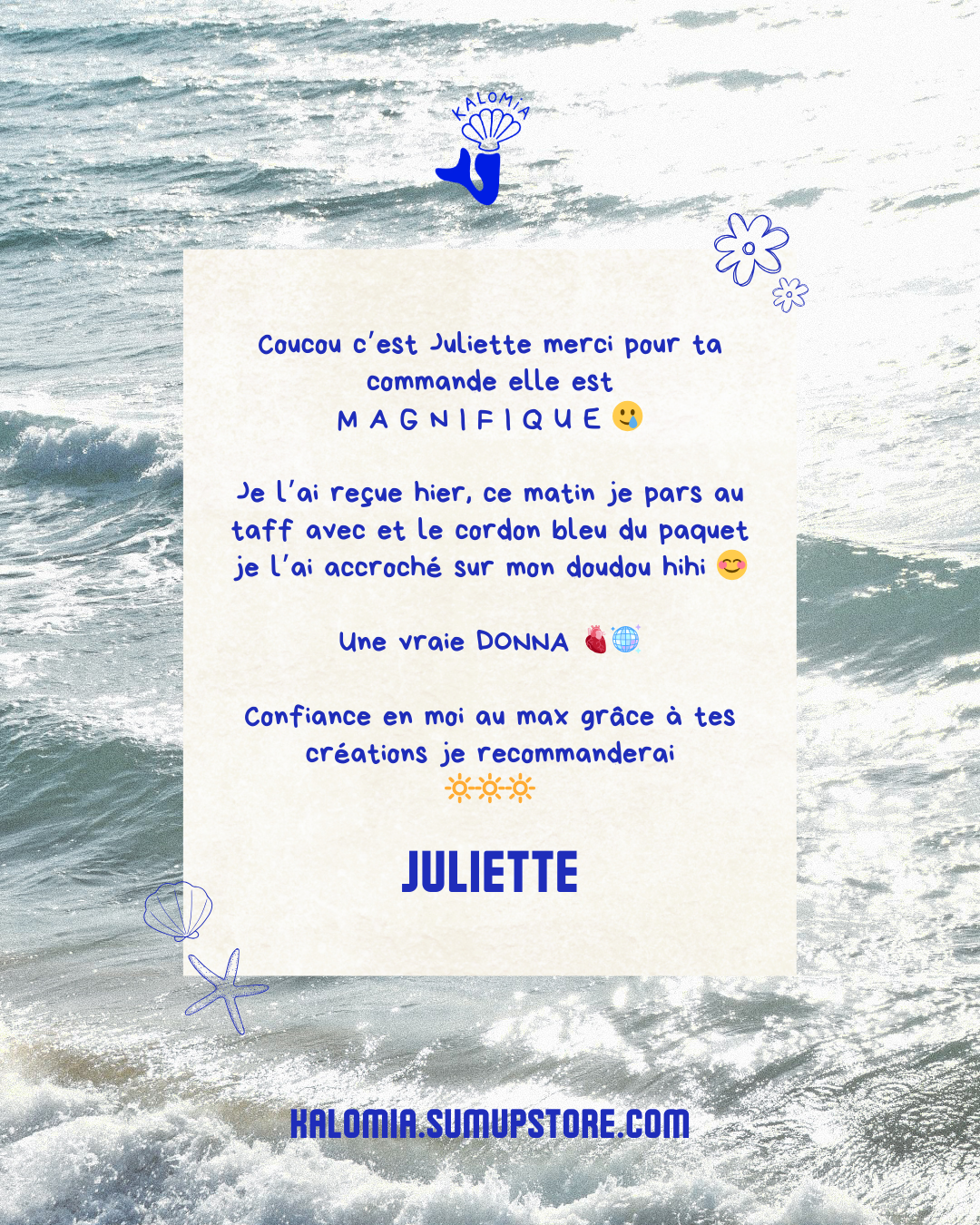 Carrousel dédié aux avis clients pour la marque Kalomia par Marine Reyna Sanchez.